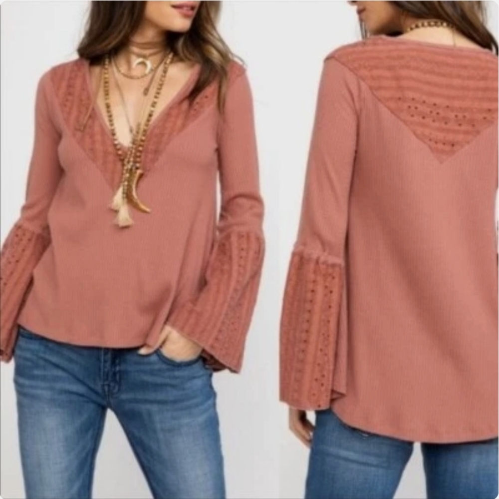 Free People Women's Parisian Nights Sayluita Rose Bell Sleeve Eyelet Top Sz L